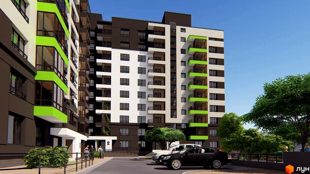 Житловий комплекс Green Line. Багатоповерховий будинок з білими, чорними та зеленими елементами фасаду. На прибудинковій території є парковка для автомобілів та зелені насадження.