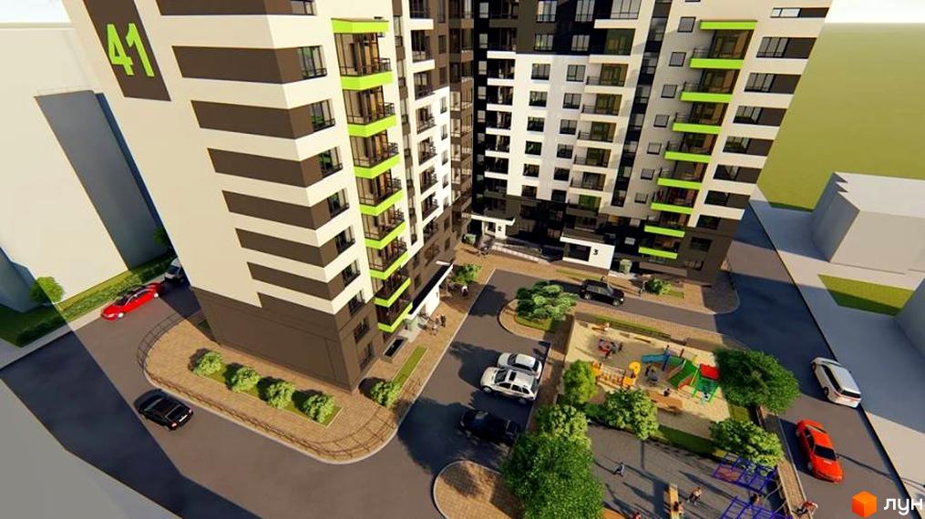 Зображення Житлового комплексу Green Line: висотний будинок з біло-коричневими смугами та зеленими балконами, поруч дитячий майданчик та парковка.