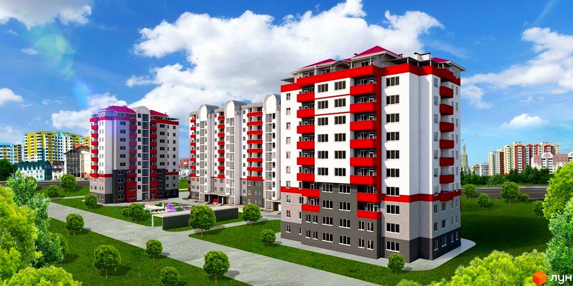 Житловий комплекс Плаза Квартал. Сучасні багатоповерхові будинки з червоними та білими фасадами, балконами та зеленим прибудинковим простором з деревами.