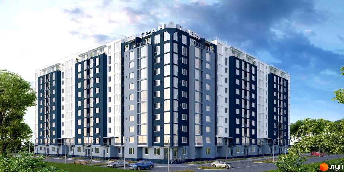 Житловий комплекс Гранд Парк - сучасна новобудова з синьо-білим фасадом та великою кількістю вікон. Навколо будинку облаштована прибудинкова територія з деревами та парковкою.