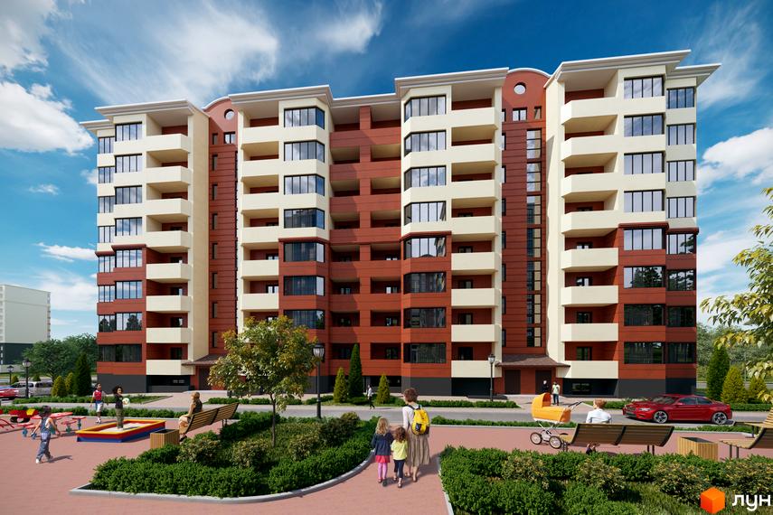 Житловий комплекс Оберіг. Багатоквартирний будинок з балконами та великими вікнами. Поруч дитячий майданчик та зелена зона.