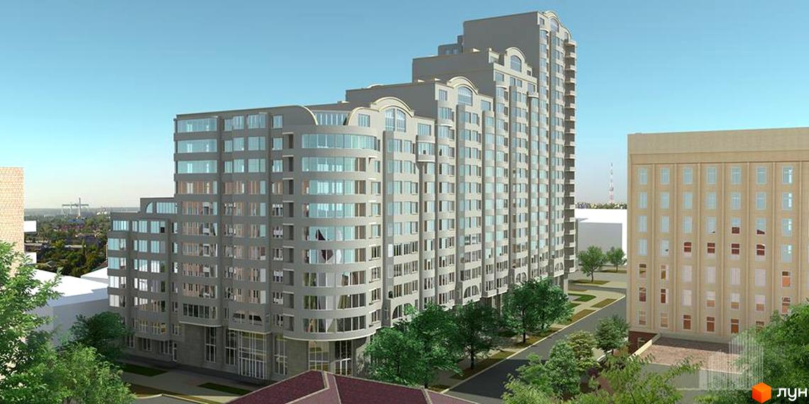 Житловий комплекс Адмірал з сучасним фасадом та великими вікнами, оточений зеленими насадженнями та облаштованою територією.