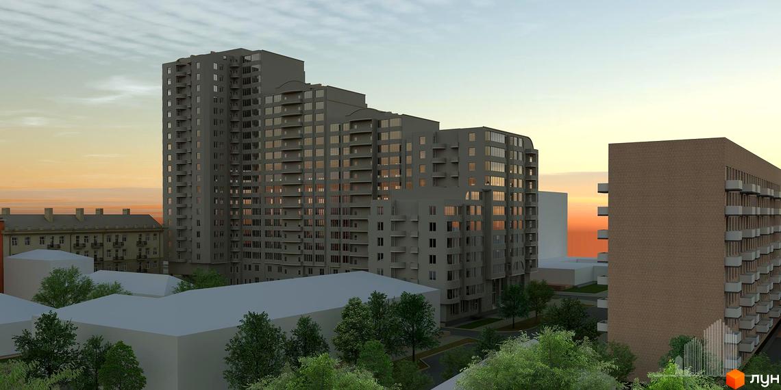 Житловий комплекс Адмірал з сучасними багатоповерховими будинками та прибудинковою територією, озелененою деревами.