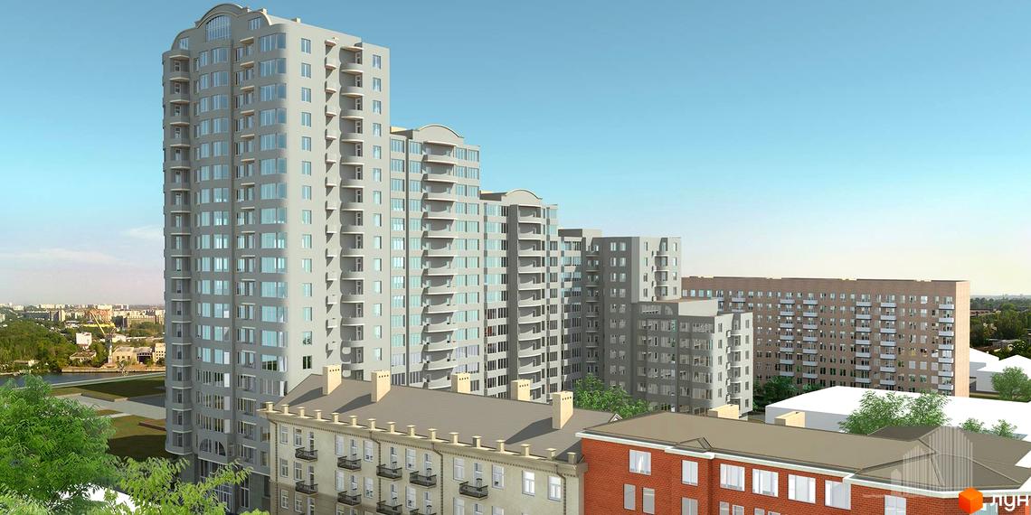 Житловий комплекс Адмірал з сучасними багатоповерхівками та прибудинковою територією. Вид на будівлю з зеленими насадженнями на передньому плані.