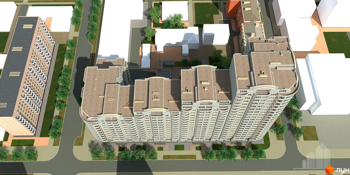 Зовнішній вигляд багатоповерхового житлового комплексу Адмірал з вигнутим фасадом та численними балконами. Навколо будинку розташовані дороги, дерева та зелені насадження.