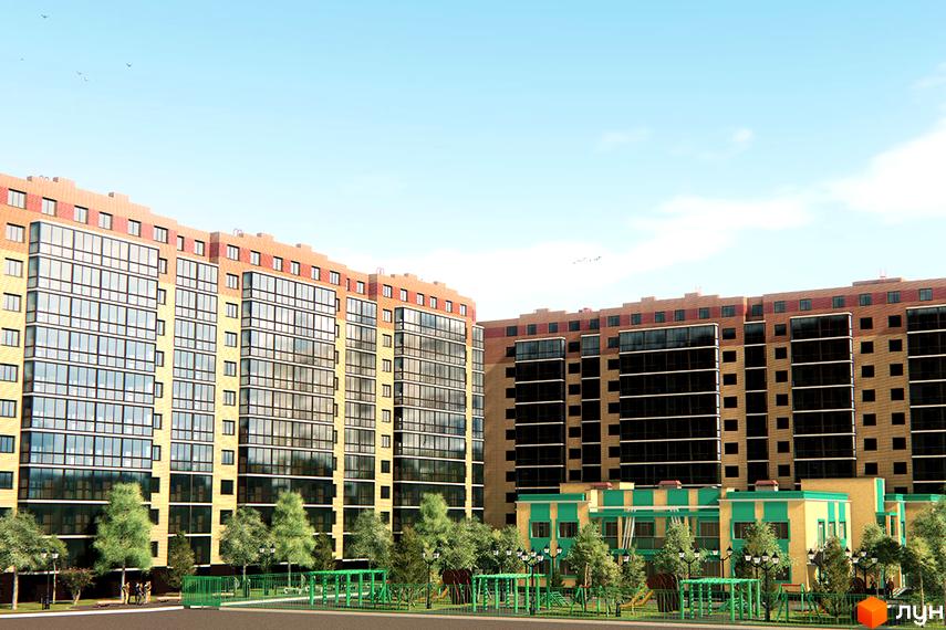 Житловий комплекс Turkish City з жовто-білими фасадами та великими вікнами. На прибудинковій території розташовані дитячі майданчики та зелені насадження.