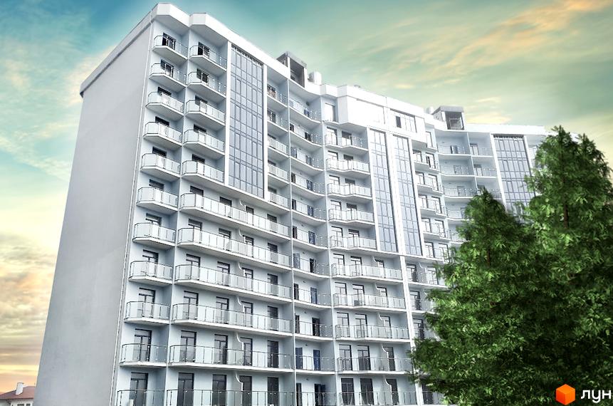 Висотна будівля ЖК Миконос з балконами та панорамними вікнами. Поруч росте зелене дерево, яке додає контрасту.