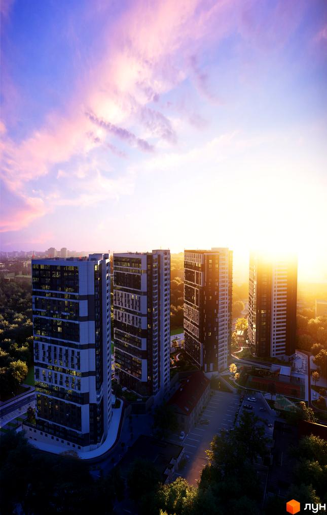 Висотні будинки Житлового комплексу Poetica. Перша колекція з темними фасадами та великими вікнами. Навколо зелені насадження та міська забудова.