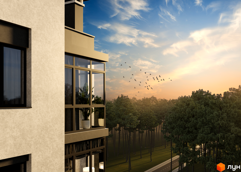 Зображення фасаду та балконів Житлового комплексу Авіатор на фоні дерев та неба. Вигляд з вікна на природу.