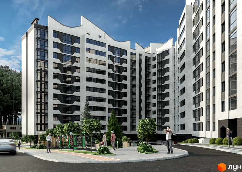 Зображення фасаду та прибудинкової території Житлового комплексу Авіатор. Багатоповерхова будівля з великими вікнами та дитячим майданчиком.