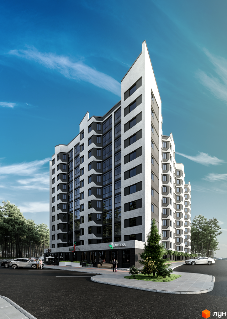 Зображення фасаду та прибудинкової території Житлового комплексу Авіатор. Багатоповерховий будинок з великими вікнами та озелененням.