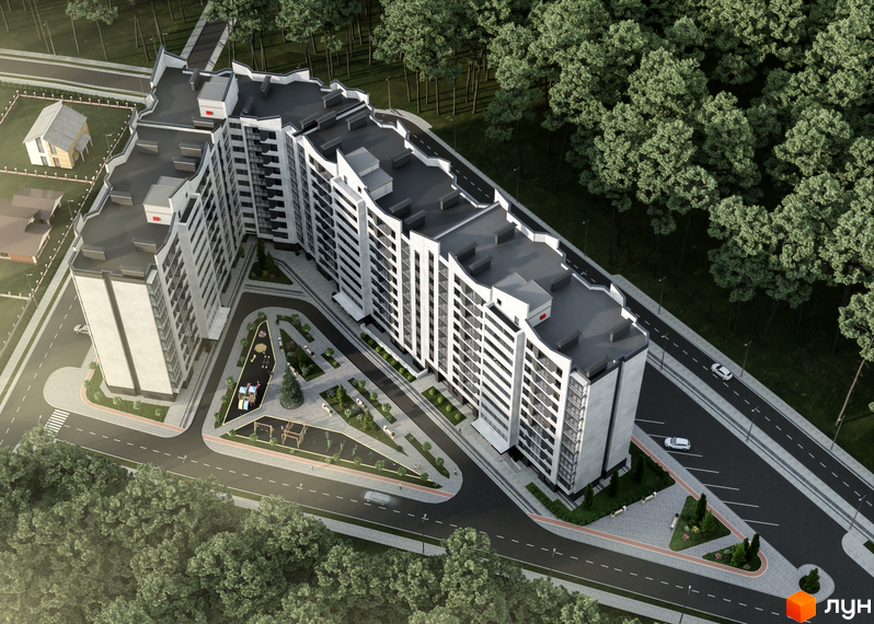 Зображення Житлового комплексу Авіатор з висоти пташиного польоту. Вигляд на багатоповерховий будинок та дитячий майданчик.