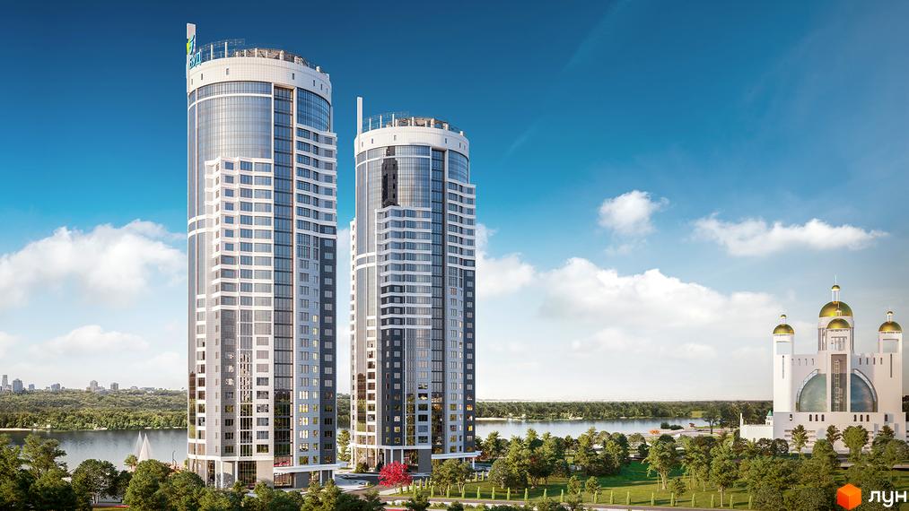 Високі житлові будинки з великими вікнами. Навколо будівель зелені насадження, річка та церква з золотими куполами.