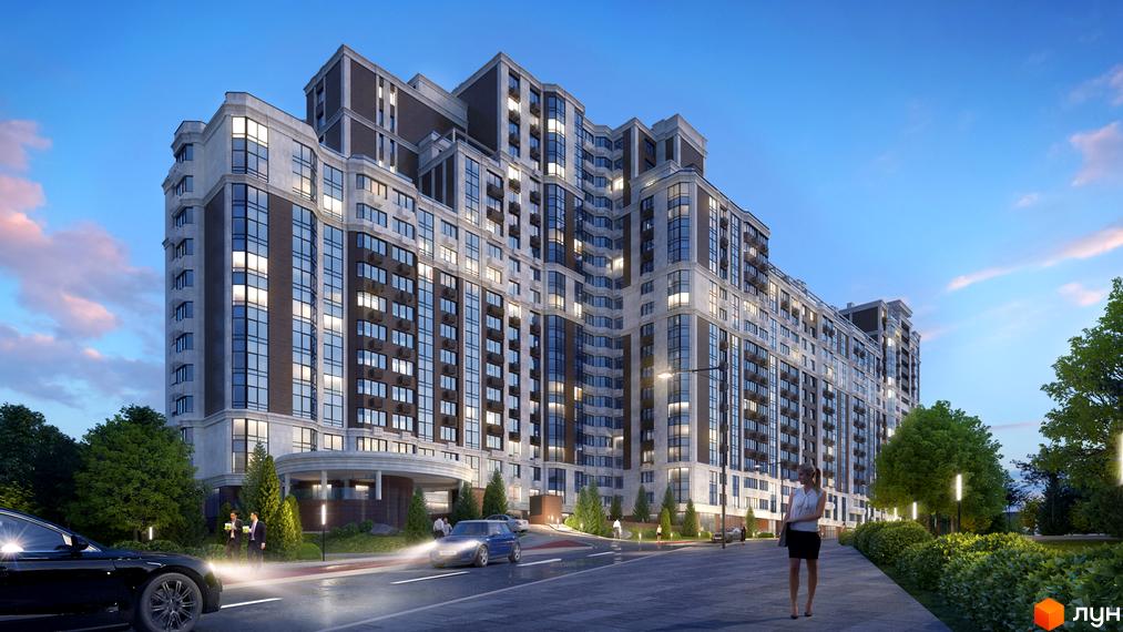 Житловий комплекс Шевченківський – багатоповерхова новобудова з великими вікнами та елегантним фасадом. Територія навколо будинку озеленена деревами та кущами, з освітленням та доріжками.