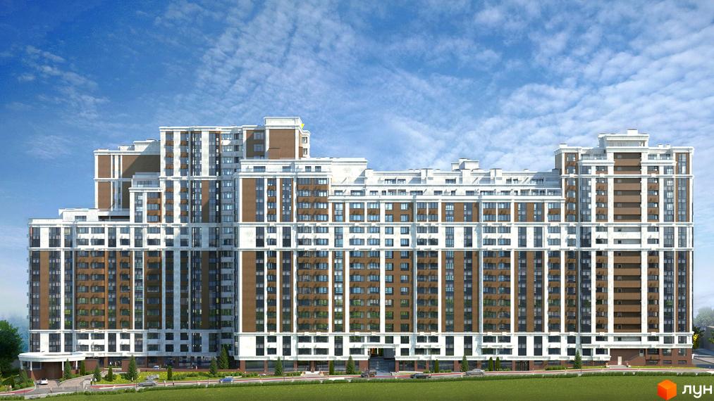 Житловий комплекс Шевченківський - фасади будівель з коричневими та білими елементами, багато вікон та балконів. Прибудинкова територія з зеленими насадженнями та дорогою.