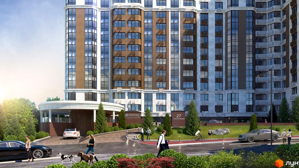 Зовнішній вигляд новобудови ЖК Шевченківський з коричнево-білою фасадною обробкою та великими вікнами. Прибудинкова територія з дорогою, зеленими насадженнями та людьми.