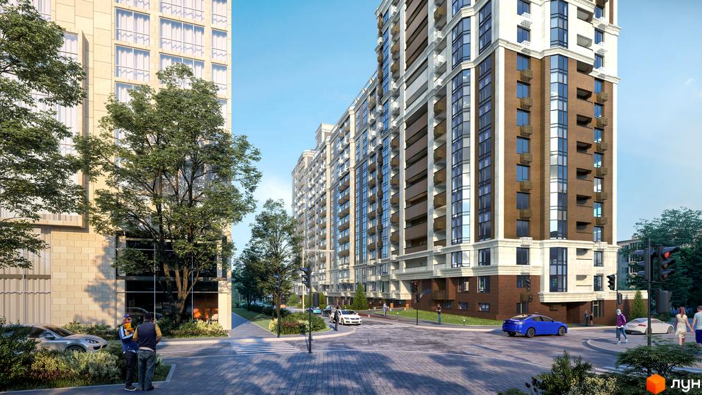 Житловий комплекс Шевченківський. Фасад будинку з коричневими та світлими елементами, великими вікнами та балконами. Навколо комплексу зелені дерева та доглянута прибудинкова територія.