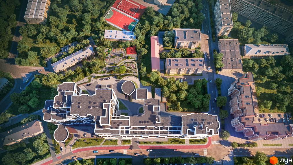 Вид зверху на житловий комплекс Шевченківський з сучасними будинками та доглянутою прибудинковою територією з зеленими насадженнями та спортивними зонами. Огляньте візуалізацію проєкту та планування квартир.