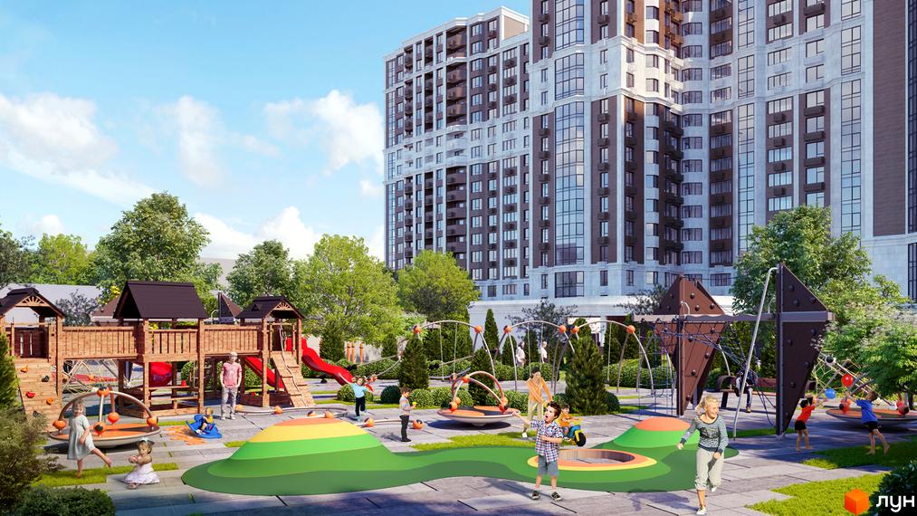 Житловий комплекс Шевченківський: висока будівля з численними вікнами та дитячий майданчик з дерев'яними гірками та гойдалками.