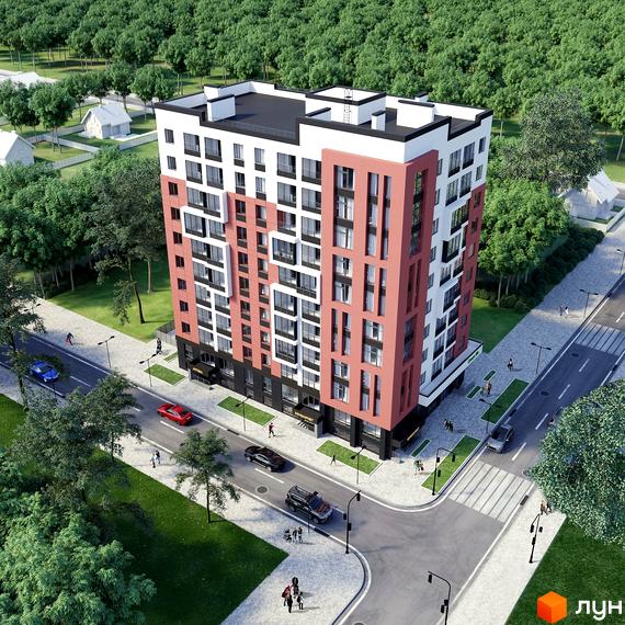 Зовнішній вигляд новобудови ЖК Green Life-3 з червоними та білими фасадами, вікнами та балконами. Навколо будинку розташована прибудинкова територія з деревами та дорогою.