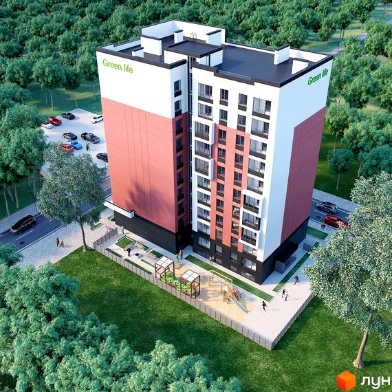 Новобудова ЖК Green Life-3 з фасадом біло-рожевого кольору та дитячим майданчиком на прибудинковій території. Зелена зона та парковка біля будинку.