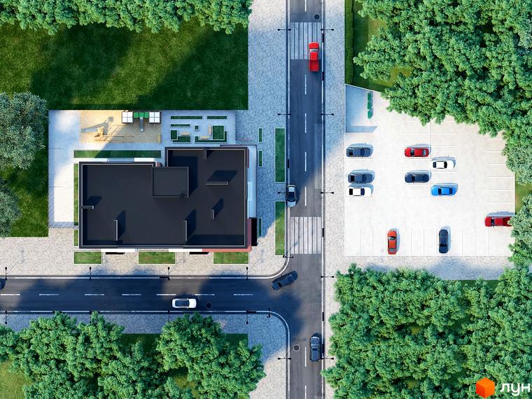 Житловий комплекс Green Life-3: вид зверху на будівлю з пласким дахом та прибудинкову територію з парковкою та зеленими насадженнями.