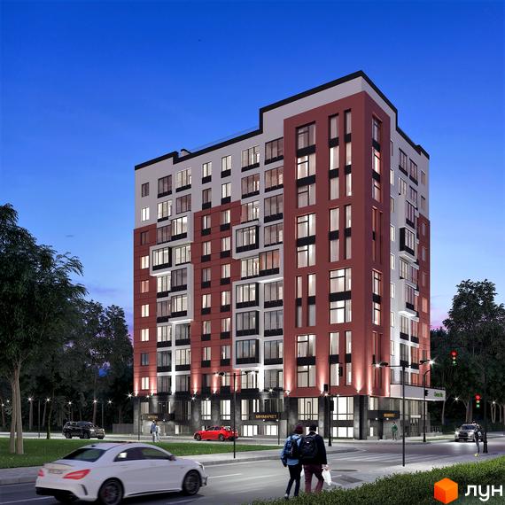 Новобудова ЖК Green Life-3 з червоно-білим фасадом та великими вікнами. Поруч дорога з автомобілями та пішоходами, дерева та міське освітлення.