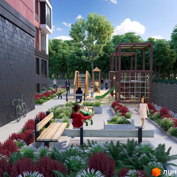 Житловий комплекс Green Life-3. Дитячий майданчик з гіркою та спортивними елементами біля багатоповерхового будинку з цегляним фасадом. Територія озеленена.