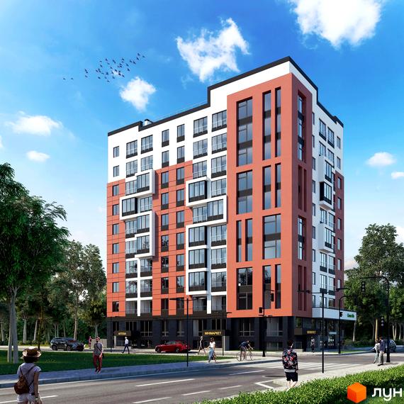 Житловий комплекс Green Life-3 – це багатоповерховий будинок з цегляним фасадом та великими вікнами. Навколо будинку розташовані дерева та зелена зона.