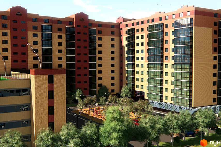 Зовнішній вигляд новобудови ЖК Turkish City з цегляним фасадом та великими вікнами. На прибудинковій території розташований дитячий майданчик та зелені насадження.