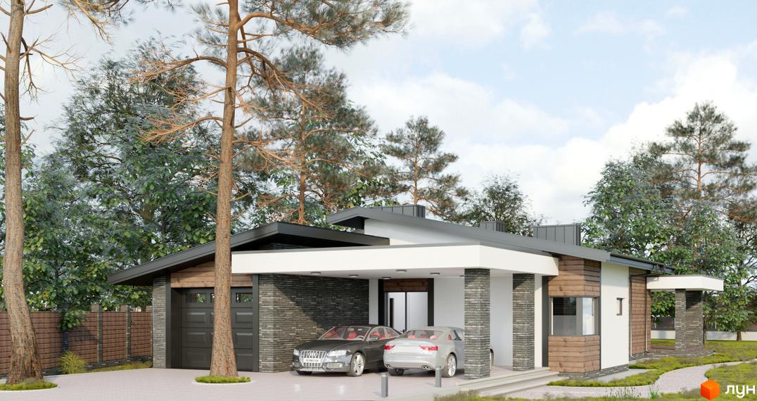 Зображення будинку в Котеджному містечку Хвойний квартал. На фото видно фасади будинку, гараж та прибудинкову територію з автомобілями.