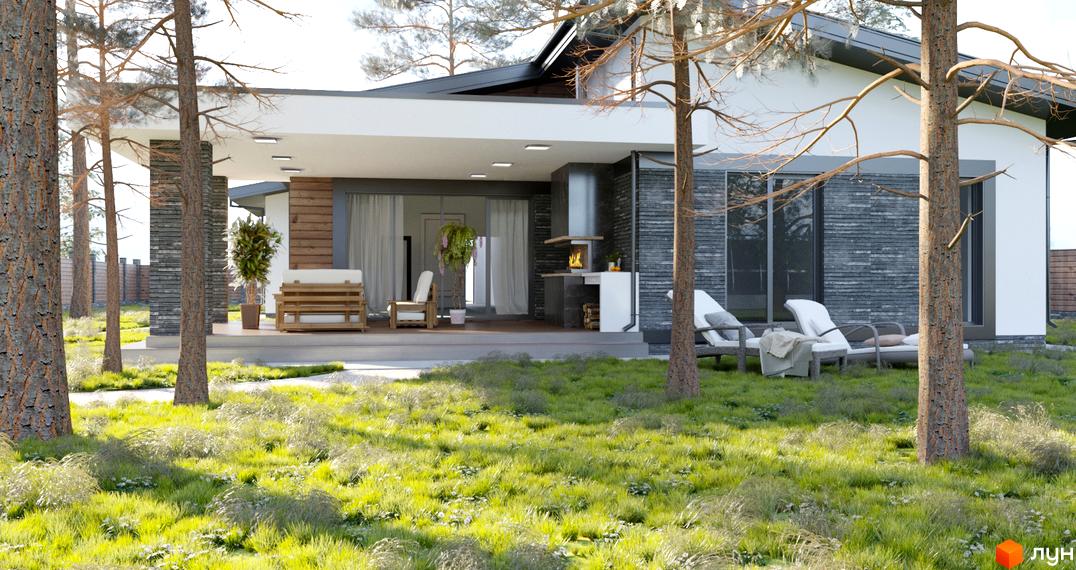 Будинок Котеджного містечка Хвойний квартал з білим фасадом, сірим кам'яним облицюванням та великою терасою. Навколо будинку зелений газон з соснами.