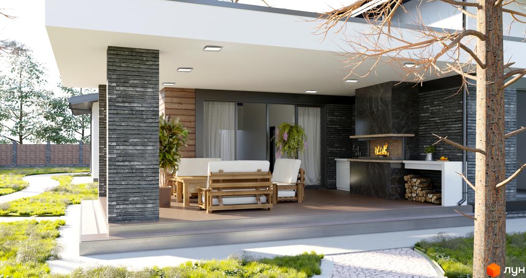 Затишна тераса приватного будинку з зоною відпочинку та каміном. Навколо будинку доглянутий газон та доріжки.