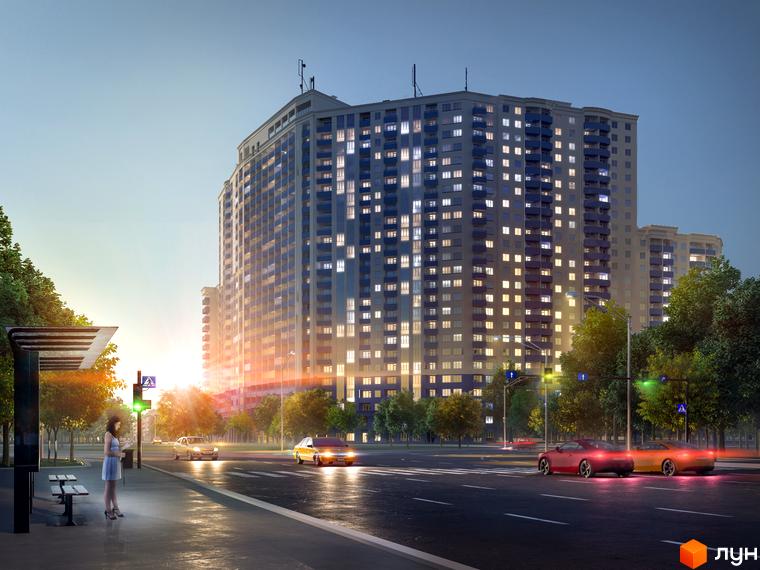 Житловий комплекс Виноградний (Синьоозерний) з сучасною архітектурою та прибудинковою територією, освітленою вечірнім світлом.
