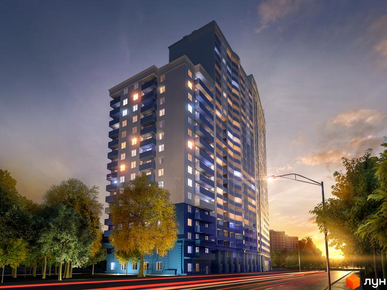 Житловий комплекс Виноградний (Синьоозерний) з сучасним фасадом та прибудинковою територією, оточений зеленими насадженнями.