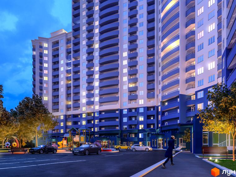 Житловий комплекс Виноградний (Синьоозерний) з сучасними фасадами та прибудинковою територією, облаштованою для відпочинку.