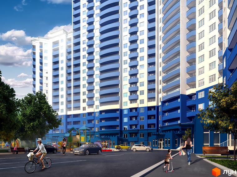 Житловий комплекс Виноградний з сучасними багатоповерхівками та прибудинковою територією з дитячим майданчиком.