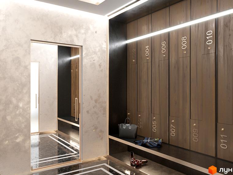 Сучасний дизайн вхідної групи ЖК CRYSTAL RESIDENCE з індивідуальними шафками та елегантним оздобленням стін. Просторий коридор з дзеркалами та підсвіткою.