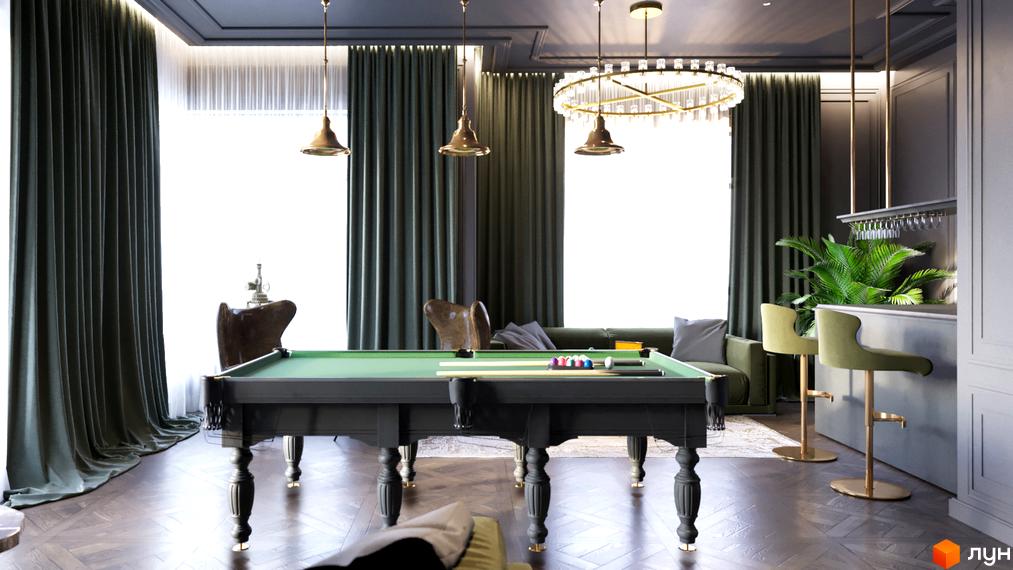Житловий комплекс CRYSTAL RESIDENCE. Інтер'єр вітальні з більярдним столом, диваном та барною стійкою. Сучасний дизайн та комфорт для відпочинку.