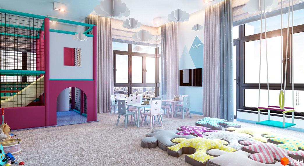 Дитяча ігрова кімната у Новобудові CRYSTAL RESIDENCE з яскравим ігровим комплексом, навчальною зоною та панорамними вікнами.