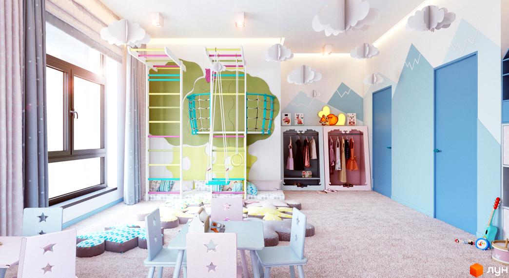 Дитяча кімната в ЖК CRYSTAL RESIDENCE з гіркою, гойдалками та ігровими елементами. Яскравий дизайн для комфорту та розвитку дітей.