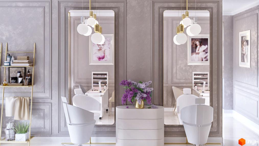 Інтер'єр салону краси ЖК CRYSTAL RESIDENCE. Білі крісла, дзеркала, полиці з косметикою та картини на стінах.