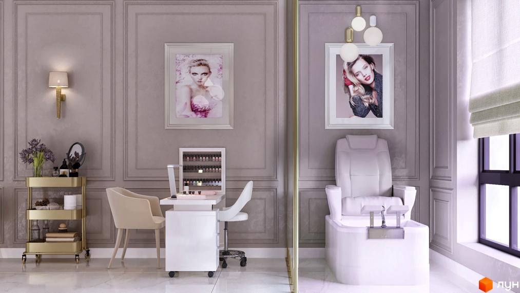 Інтер'єр салону краси з кріслом для педикюру, візком для косметики та картиною на стіні. ЖК CRYSTAL RESIDENCE – це сучасний житловий комплекс із розвиненою інфраструктурою.
