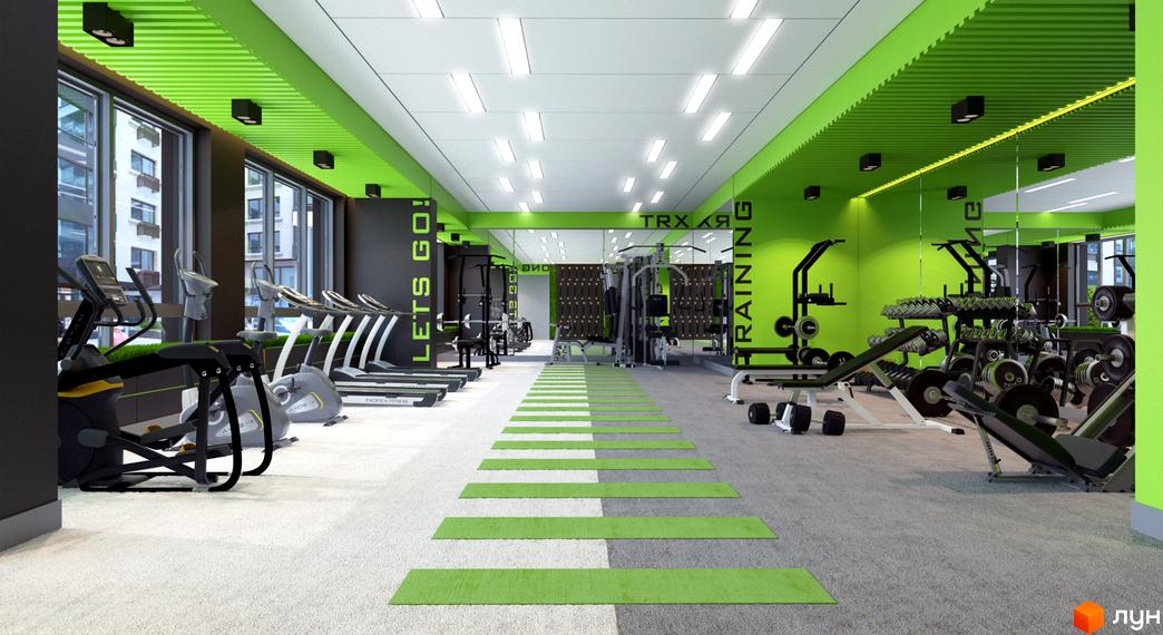 Сучасний спортзал у новобудові CRYSTAL RESIDENCE з тренажерами та вільними вагами. Зелені акценти та великі вікна створюють яскраву атмосферу для тренувань.