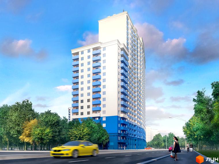 Житловий комплекс Виноградний (Синьоозерний) з яскравим фасадом та прибудинковою територією, оточений зеленими насадженнями.