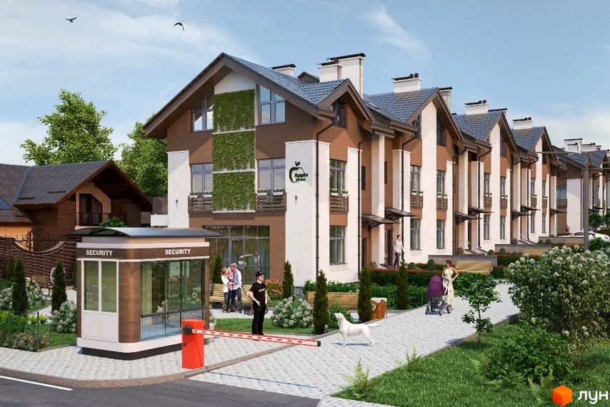 Apple Street Residence - новий житловий комплекс з таунхаусами. На зображенні показано фасади будинків з озелененням та прибудинкова територія з бруківкою та газонами.