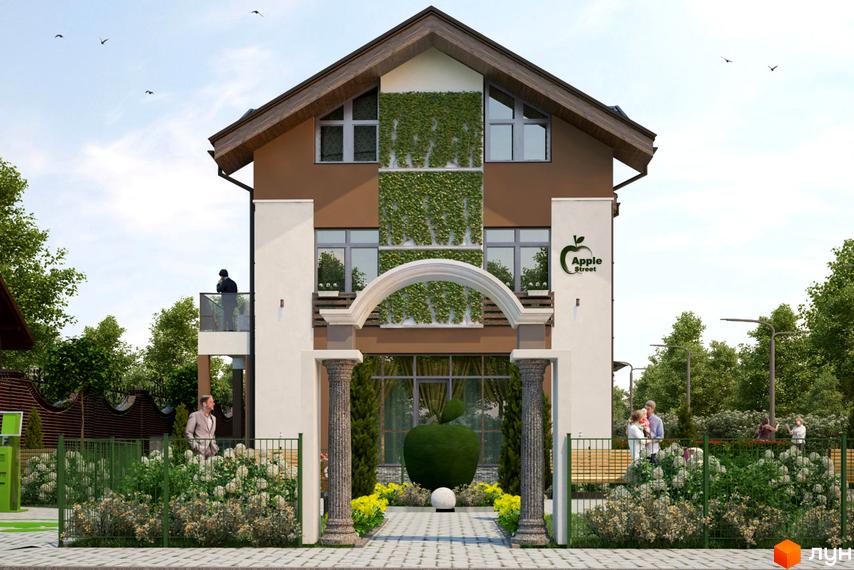 Зображення фасаду будинку житлового комплексу Apple Street Residence. На території комплексу розташовані зелені насадження та декоративні елементи.