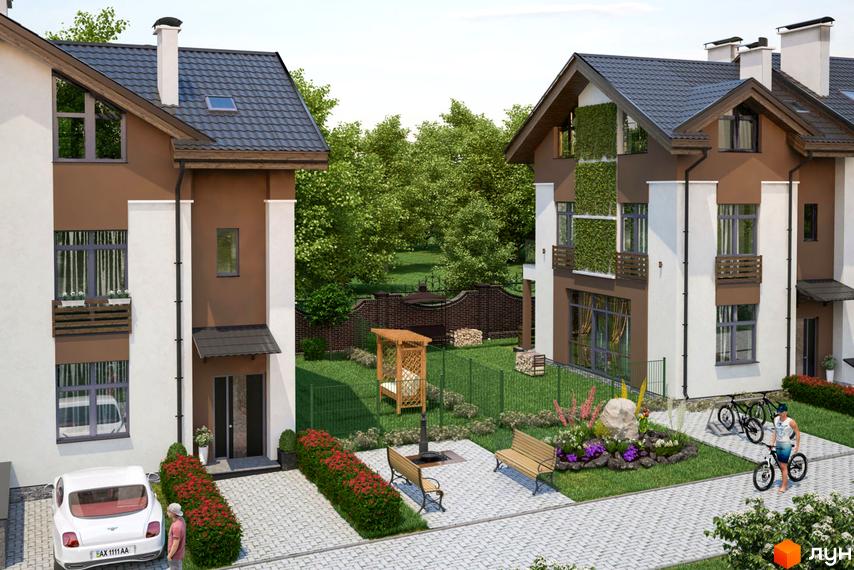 Apple Street Residence - двоповерхові будинки з коричневими фасадами та білими колонами. На прибудинковій території є газон, лавки, квіти та місце для відпочинку.