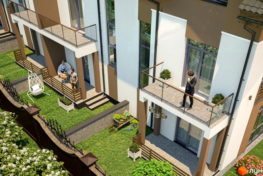 Apple Street Residence - сучасний таунхаус з балконами та терасами. На прибудинковій території газон, декоративні рослини та ковані огорожі.