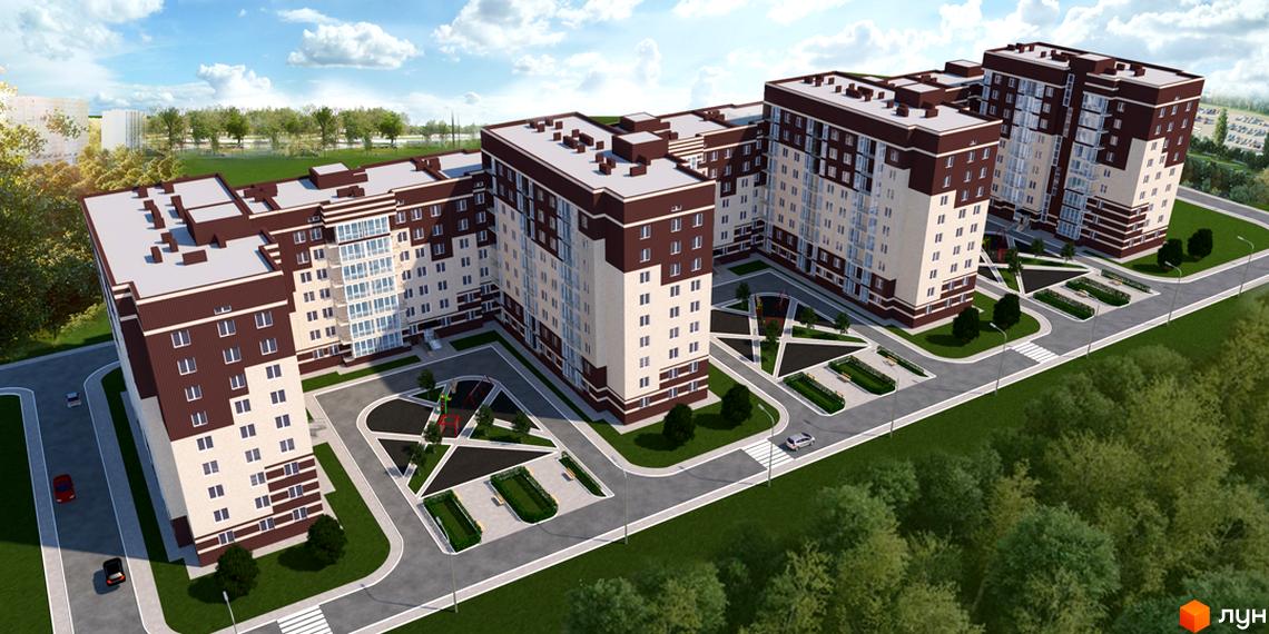Житловий комплекс Родинна казка: багатоповерхові будинки з коричнево-бежевими фасадами та прибудинковою територією з дитячими майданчиками та зонами відпочинку.